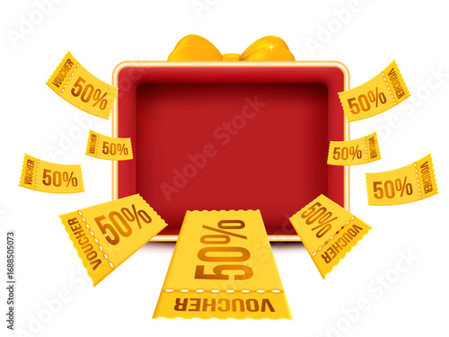 3D open gift box with golden bow and red interior surrounded by flying yellow 50% voucher tickets. 3d modern discount promo vector for sales, marketing, and e-commerce campaigns. Vector illustration
