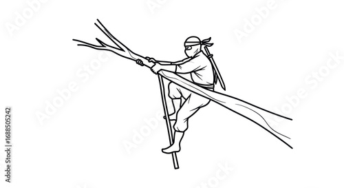 Ninja Warrior Climbing with Pole and Branch, Sketch.