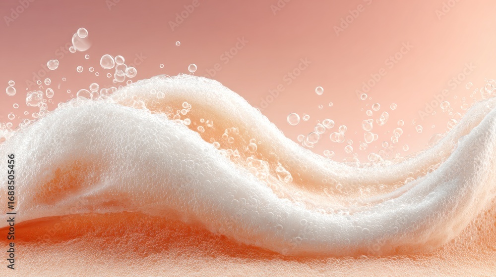 Obraz premium Foamy wave against a salmon background. Soft, frothy, and translucent. Bubbles are light and airy. Wave has gentle curves