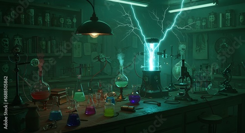 Electric-powered potion making in green-lit lab