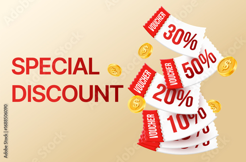 Special falling discount vouchers showing 10%, 20%, 30%, and 50% off, decorated with golden coins, isolated on light gold background. Sale off coupon in 3d vector illustration. Vector illustration