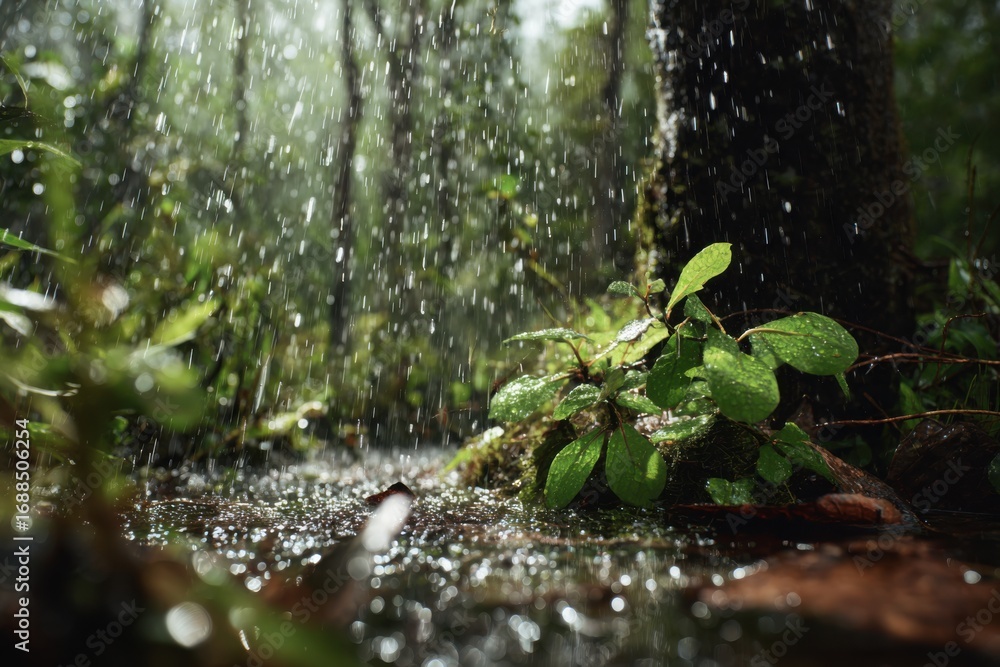 Fototapeta premium Lush forest floor in heavy rain