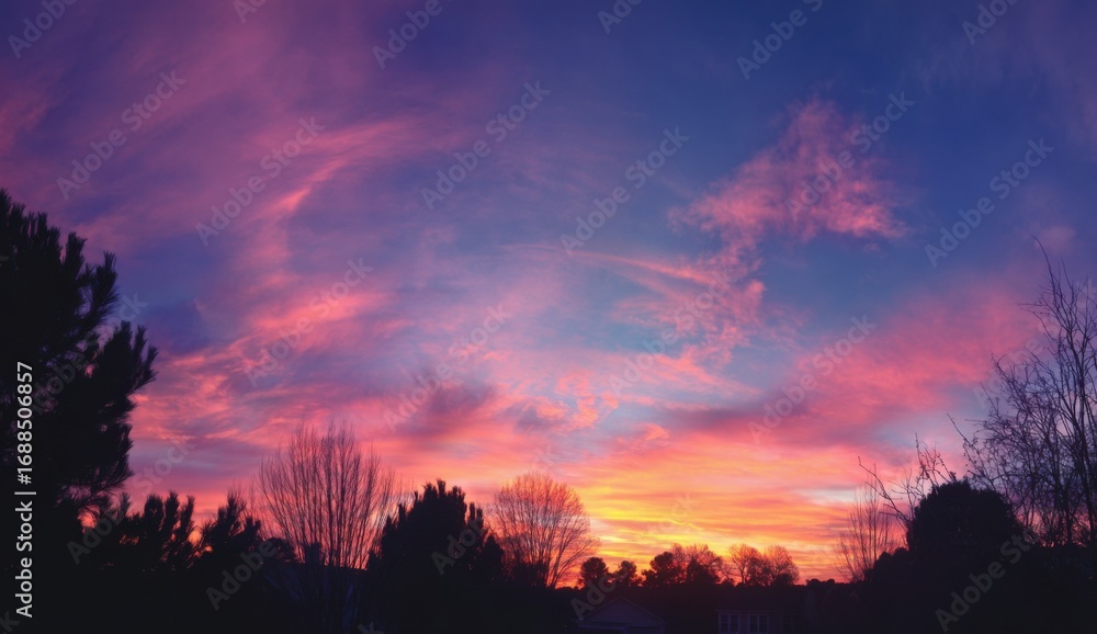 Fototapeta premium Panoramic sunset view with vibrant pink and orange clouds over silhouettes of trees