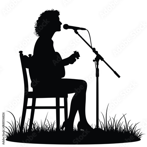 Woman playing guitar and singing into microphone silhouette 2