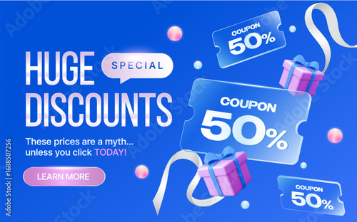 Huge Discounts banner with 50% off coupons, gift boxes, and modern ribbon design, perfect for sales, marketing campaigns, and e-commerce promotions. 3d coupon and gift box fly with ribbon in vector