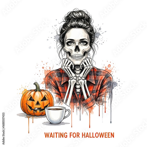 Spooky skeleton woman with messy bun and pumpkin latte waiting for halloween isolated on transparent background