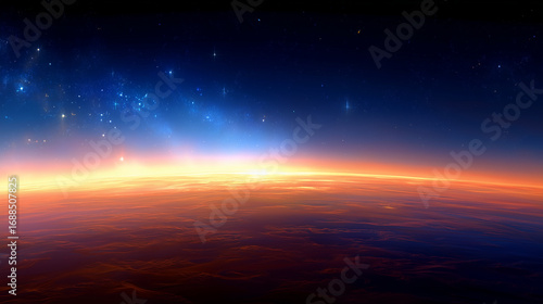 Planet with a bright orange sun in the sky