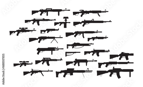 Weapons silhouette set. Collection of various realistic firearms. Assult rifles, sniper rifles, shotguns, handguns, machine guns, historical guns & other. Vector illustration
