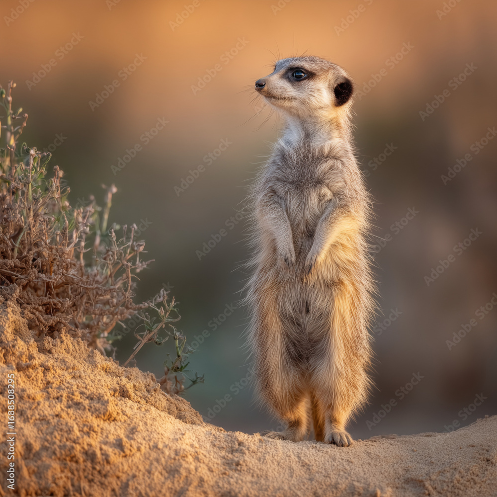 Fototapeta premium Upright meerkat on sandy ground in a wide wildlife scene