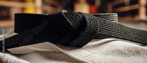 The black belt resting on a white gi uniform in a traditional dojo