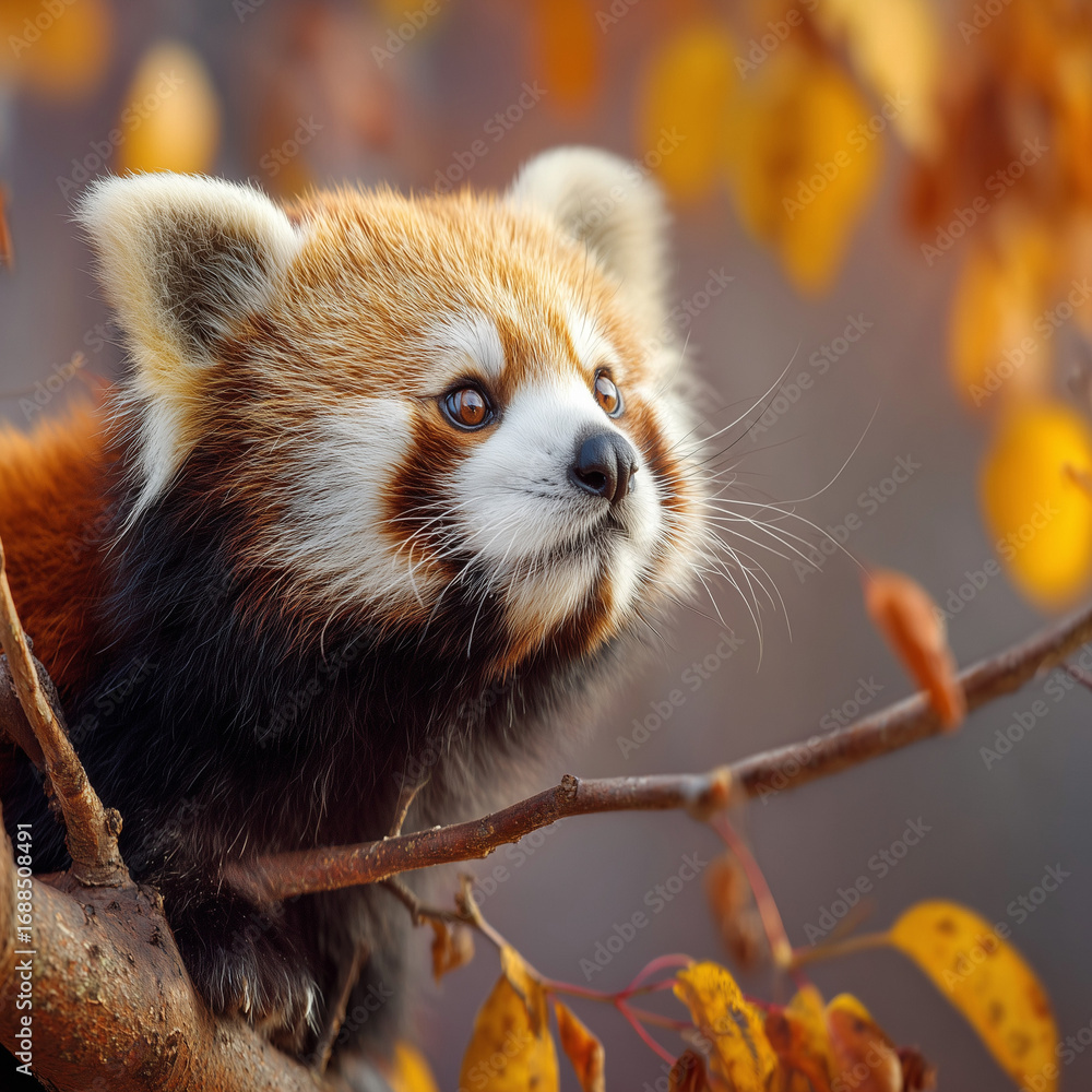 Fototapeta premium Red panda perched on a leafy tree branch wildlife portrait