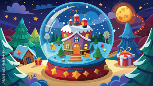 A festive holiday illustration of a fairytale castle and a snowman at night in a winter wonderland village