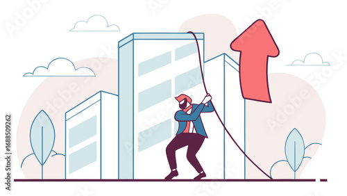 A man in a suit pulls on a rope attached to a large upward-pointing arrow. The background features stylized buildings and a few clouds, symbolizing a corporate environment. AI generated.