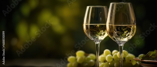 The wine glasses filled with white wine beside fresh green grapes on table
