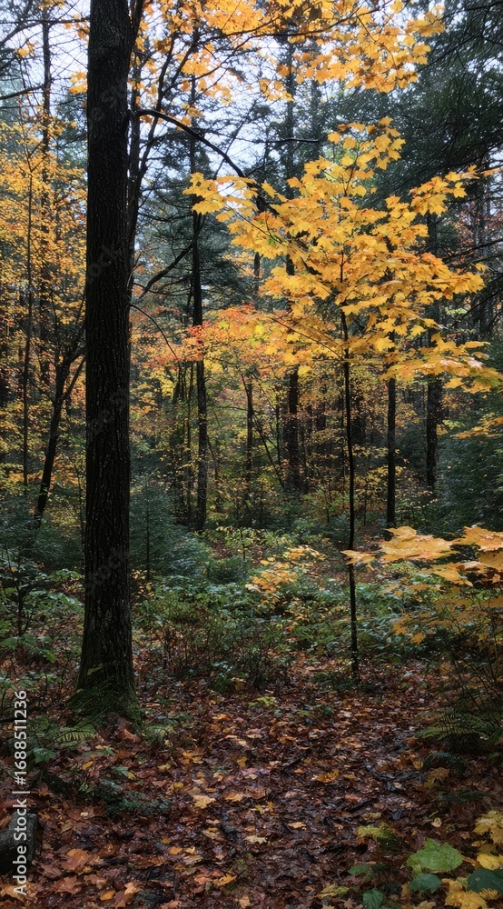 Fototapeta premium An autumnal forest scene features yellow-leaved trees against a backdrop of evergreens. Fallen leaves cover the ground in a gradient from green to rusty brown