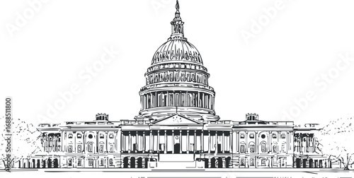 Black and white line drawing of a historic government capitol building with a prominent dome and classical architecture