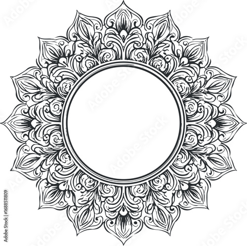 Intricate black and white mandala floral ornamental round frame with detailed symmetrical patterns