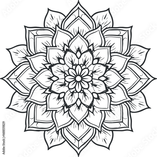 Black and white mandala flower pattern with detailed symmetrical petals and ornamental design