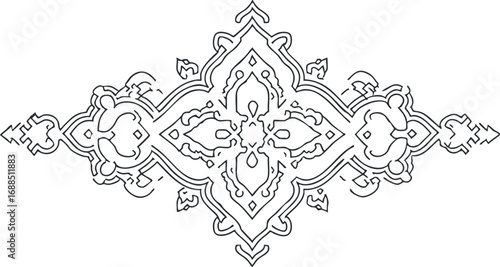 Decorative symmetrical ornamental pattern with intricate line art design for borders or frames