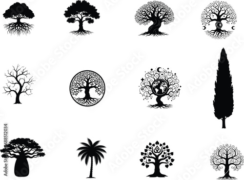 Set of unique tree silhouettes, artistic and decorative designs, roots visible, nature symbols, palm tree, cypress, botanical vector art.