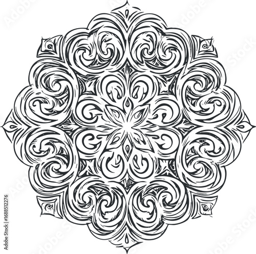 Intricate black and white mandala design with symmetrical swirling floral patterns and ornamental details
