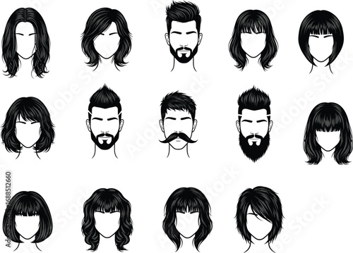 Set of male and female hairstyles and beards, haircuts, trendy styles, vector illustration, isolated black and white design