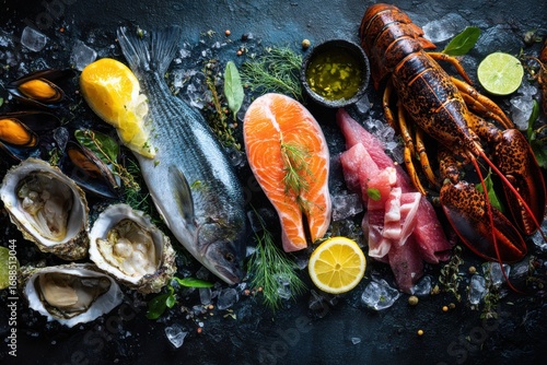 Fresh seafood assortment on dark stone (1)