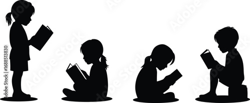 Silhouette of children reading books, kids studying, sitting and standing, perfect for education, learning, school, library, literacy design.