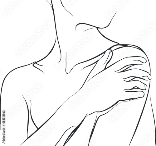 Minimalist line art of a woman gently touching her shoulder with her hand in a graceful pose.