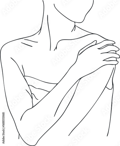 Minimalist line art drawing of a woman gently holding her shoulder with clean elegant outlines