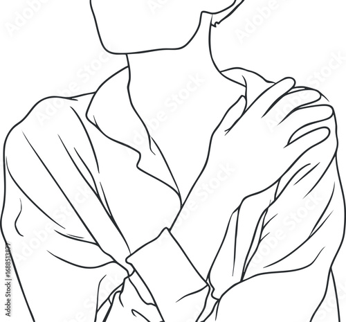 Minimalist line art illustration of a woman with crossed arms touching her shoulder in a relaxed pose