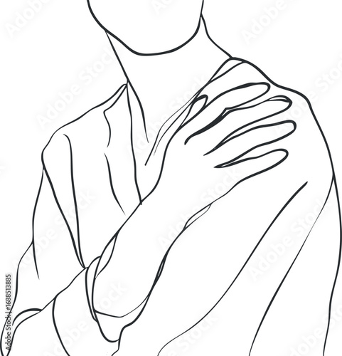 Line art of a person holding their shoulder indicating pain or discomfort, medical and health concept
