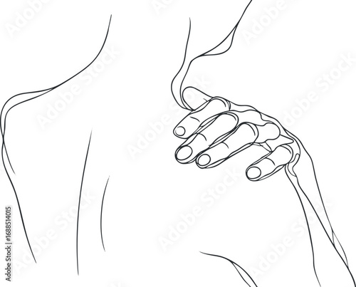 Minimalist line art illustration of a hand gently touching a shoulder, showing human anatomy and graceful gesture.