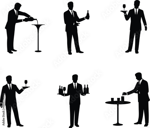 Silhouettes of waiters serving drinks, professional bartender staff, hospitality service, wine, beer, tray holding, restaurant vector illustration set