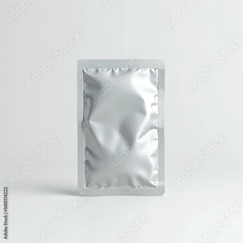 Multiple 3D Sachet packing pouch mockups in air focus on one,3D pouches,packing pouches,realistic pouches mockups,without label,chips pouches,bags,food pouches,product pouches,white background, silver