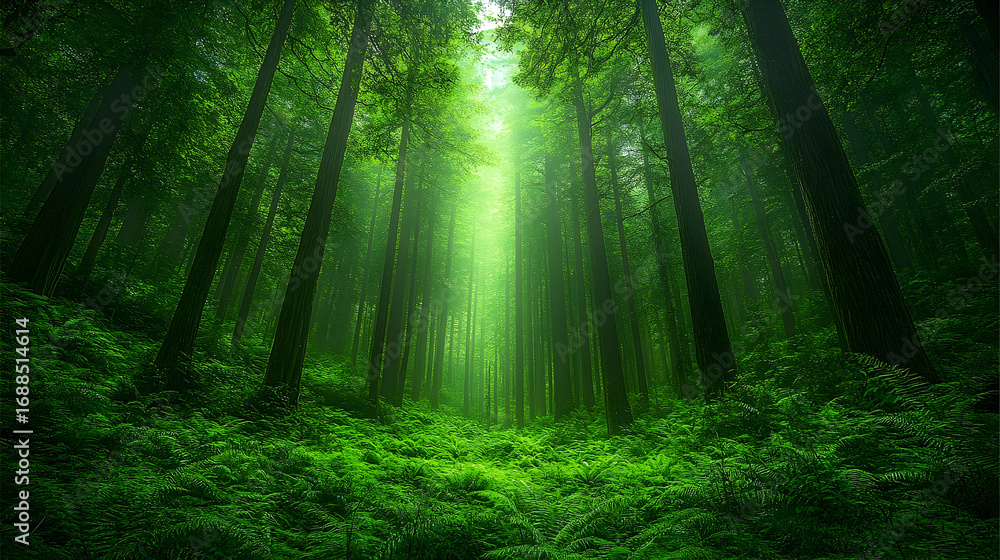 Obraz premium Emerald Canopy: Sunlight Filtering Through Dense Forest of Tower