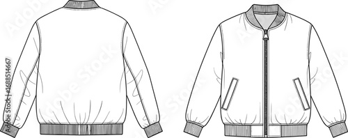 Men's bomber jacket flat sketch, front and back view, zippered jacket, ribbed cuffs and hem, fashion technical drawing, outerwear design.