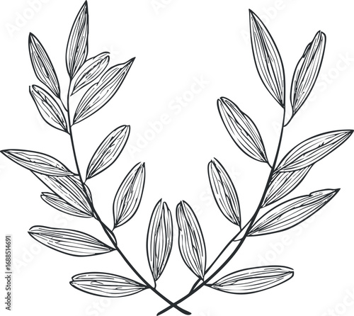 Hand drawn black and white outline illustration of two intersecting leafy branches forming a natural wreath