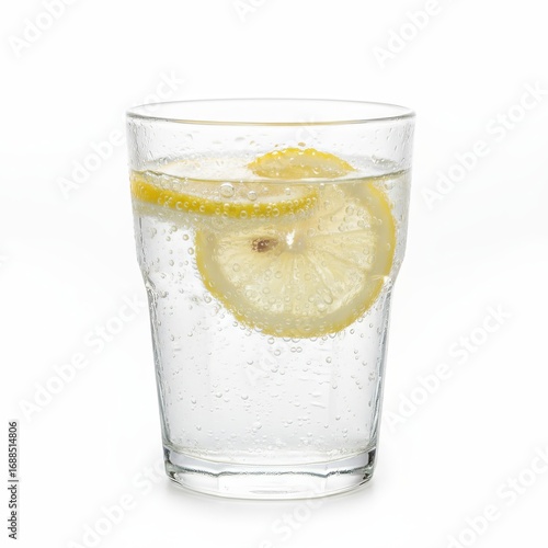 Close-up of a glass of sparkling water with lemon slices on a minimal white background, condensation details, clean stock photography style