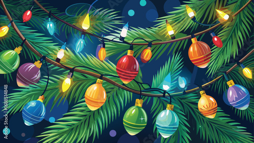 Seamless green Christmas tree branches with festive red balls and berries for a classic holiday background