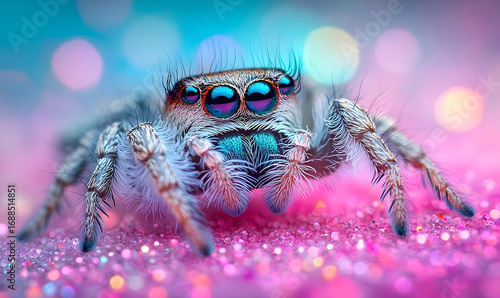 Macro of a colorful jumping spider with iridescent eyes on a gli