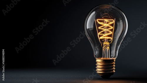 A glowing vintage-style lightbulb with a spiraled filament sits on a dark surface against a black background.  The warm light casts a subtle glow