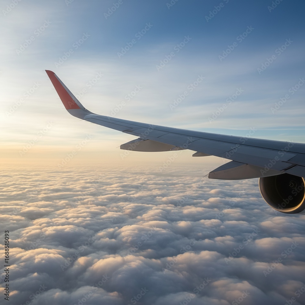 Obraz premium Low-angle shot of airplane wings during flight above clouds, bright sunlight
