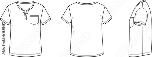 Flat Sketch of Short Sleeve Henley T-Shirt with Pocket, Technical Drawing, Apparel Design Template for Fashion Illustration and Garment Manufacturing