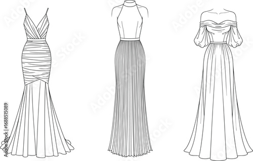 Elegant evening gowns, formal dresses for women, fashion sketch, stylish dress design, haute couture illustration, evening wear inspiration, bridal fashion.