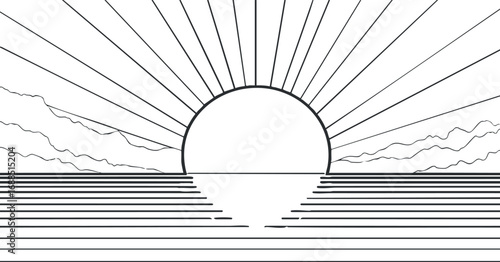 Black and white line art of a sunset or sunrise over the ocean with sun rays and clouds on the horizon