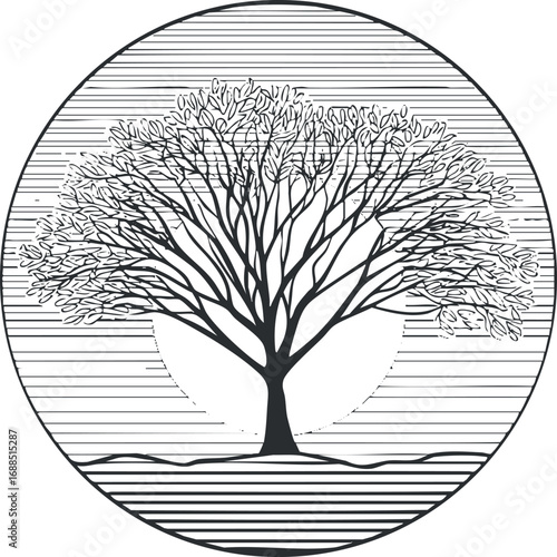 Black and white illustration of a tree with detailed branches and leaves inside a circular frame.