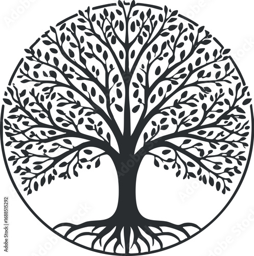 Black silhouette of a tree with spreading branches and roots enclosed in a circle symbolizing nature and life