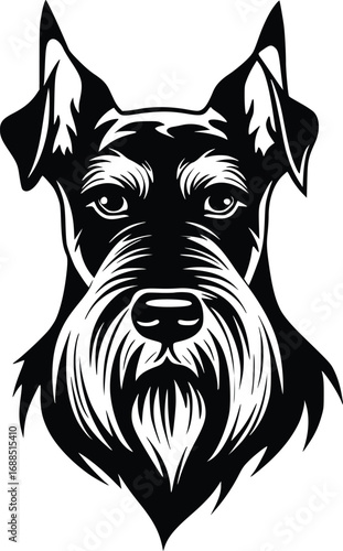 Giant Schnauzer head silhouette with bushy eyebrows, thick beard, and pointed ears in black vector