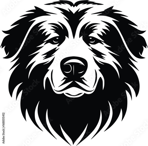 Great Pyrenees head silhouette with thick fur, gentle eyes, and strong muzzle in black vector